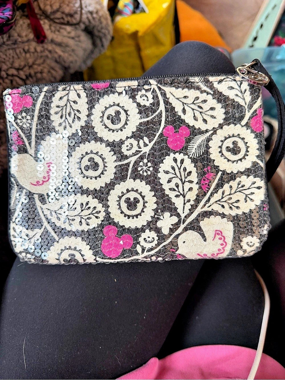 Betsey Johnson Floral Sequin Cosmetic Bag in Black & Pink